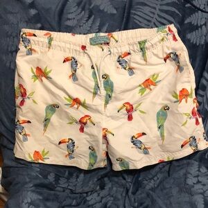 Primark White With Tropical Birds  Classic Fit Swim Trunks Elastic Waistband